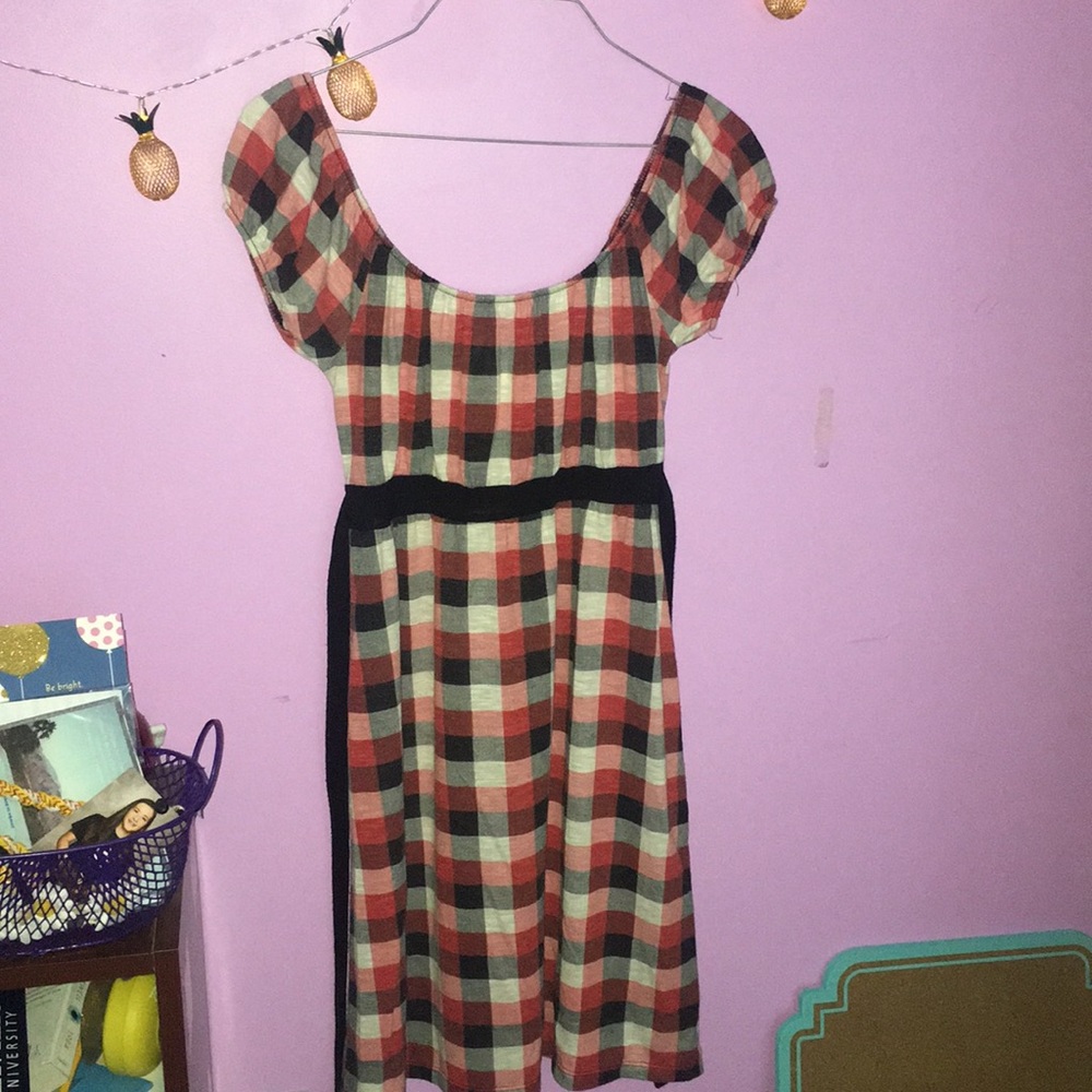 Checkered Tie Belt Dress Cap Sleeves